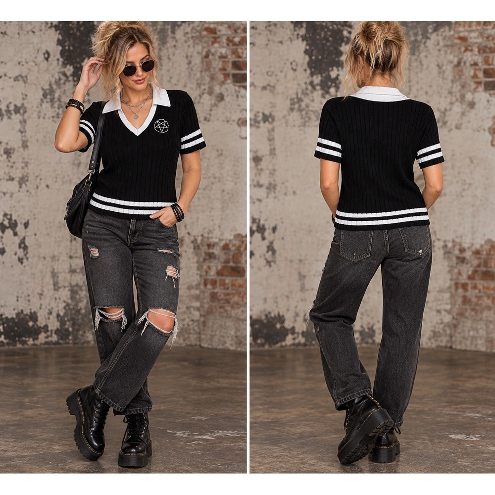Hot Topic XL Black White Pentagram Knit Polo Sweater Goth Grunge Y2K